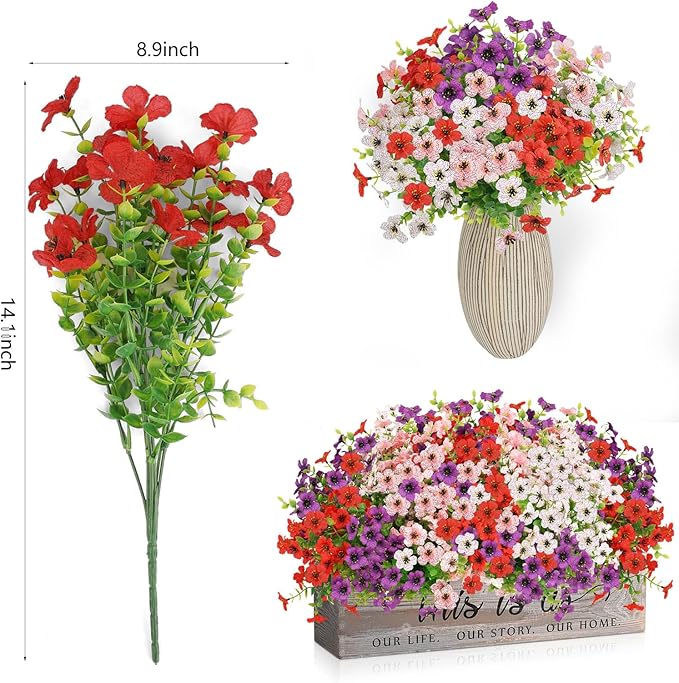 Artificial Flowers for Outdoors UV Resistant, Realistic Fake Silk Flowers Outside Weather Resistant Faux Plants for Window Box, Planters, Porch Decor-12 Bundles,Colorful
