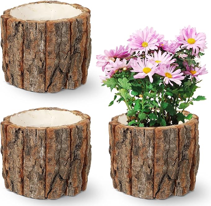 Yardwe 3 Pcs Wooden Flower Pots, Rustic Wood Bark Buckets, Barrels Planters for Garden and Home Decorations, 4.72 X 4.72 X 3.93 Inch