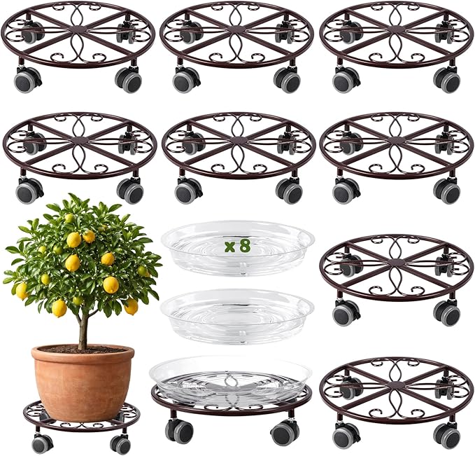 8 Pack Plant Caddy with Wheels Heavy Duty 11.8 Inches Metal Plant Stand with Wheels Plant Dolly Rolling Plant Stand Plant Roller with Casters for Indoor and Outdoor (8, Bronze)