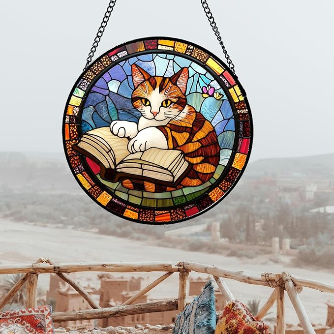 DASTOLL Stained Glass Window Hanging Little Cat Reading 7.8" - Suncatcher Door Garden Kitchen Sunroom Sun Catcher Home Decor Birthday for Lost Pets Mom Grandma Men Woman Friend