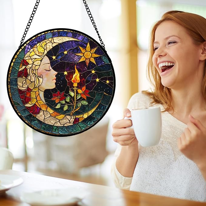 DASTOLL Stained Glass Window Hanging, Moon Goddess Torch Suncatcher Diamond Glass Panel Hangings Dream Sun Catchers Decor for Birthday for Women, Men, Wife, Aunt, and Mom 14.9x14.9 in