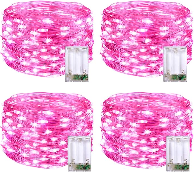 JMEXSUSS 4 Pack 50 LED Pink Fairy Lights Battery Operated, 16.1ft Christmas Fairy Lights Indoor Outdoor Waterproof, Pink String Lights for Bedroom Wedding Birthday Holiday Decorations