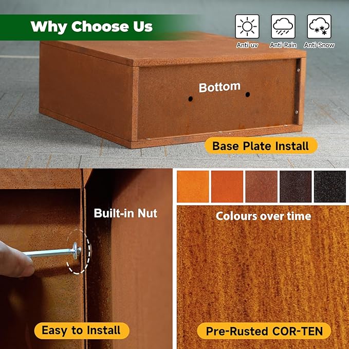 GZLVSOW Corten Steel Rectangular Planter for Outdoor Plants 24" x 10" x 24" Rusted Metal Outdoor Planter Box Spliced Flower Box with Partitions for Outside,Indoor,Garden (Corten, 24 * 10 * 24)
