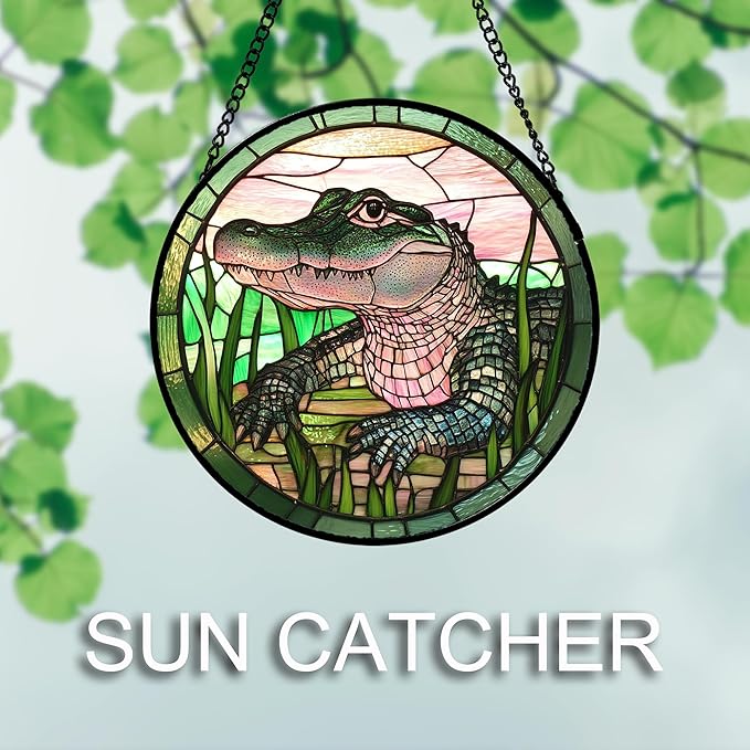DASTOLL Stained Glass Window Hanging 4 Pcs Set Cute Animal 9.8"- Green Plant Pink Suncatcher Door Garden Sun Catcher Decor Birthday Christmas for Mom Woman Nana Men Friend
