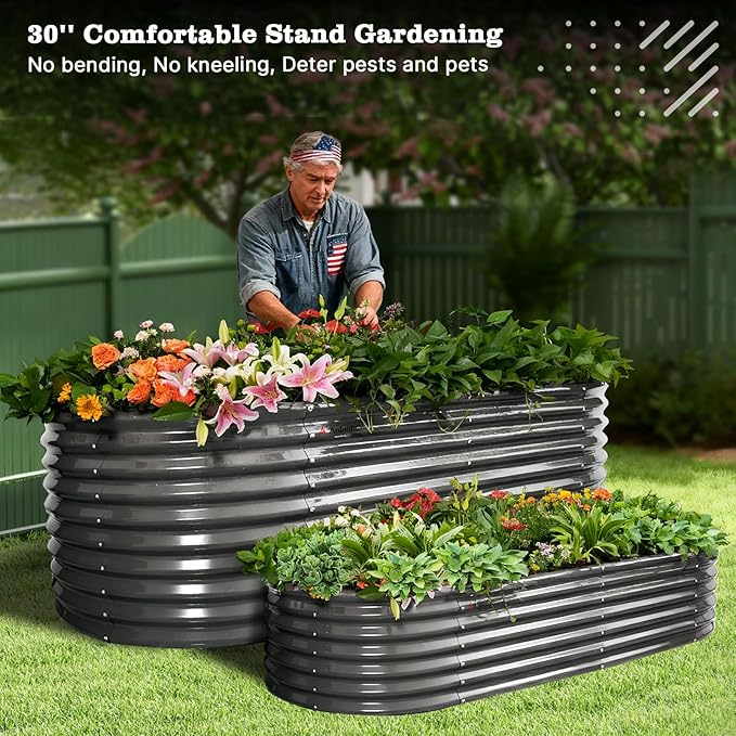 A ANLEOLIFE 30" Extra Tall Galvanized Raised Garden Beds Outdoor, 8x4x2.5ft Oval Metal Planter Boxes for Planting Vegetables, Flowers, Fruits, Eco-Safe & Easy Setup, Quartz Grey