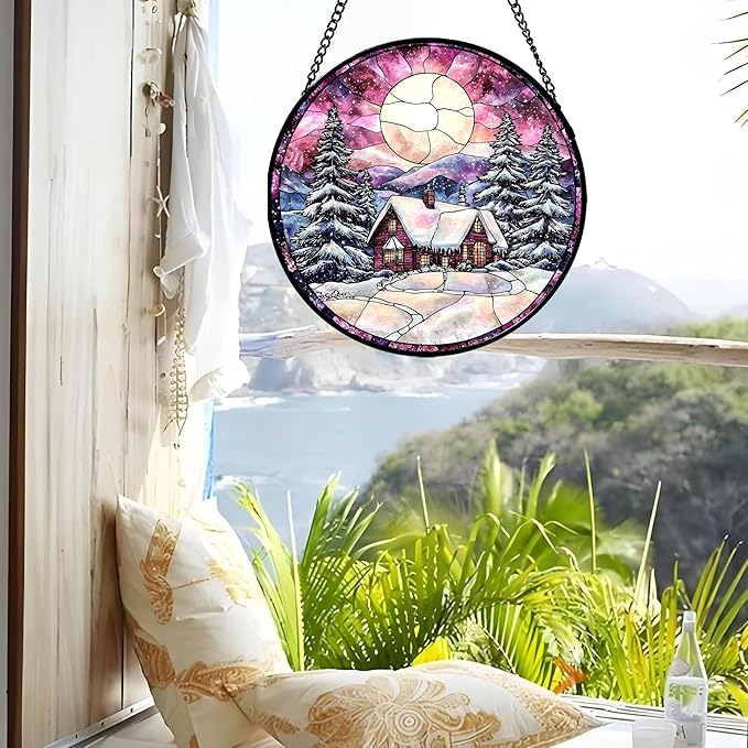AMDERVEN Stained Glass Window Hanging - Winter Snow Scene Cabin Moon Sun Catcher for Door Garden Home Decor Pine Tree Suncatcher Christmas Mother's Day Birthday Gifts for Women Men Mom Nana 7.8 in