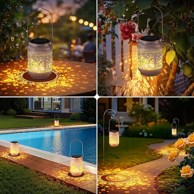KOOPER Solar Lanterns Outdoor Waterproof Birthday Gifts for Women Mom Grandma, 2 Pack Upgraded Hummingbird Hanging Solar Lantern Lights Outdoor, Metal Outdoor Decoration for Yard (Butterfly and Rose)