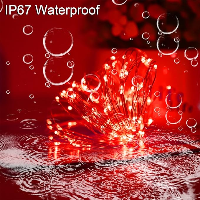 YAOZHOU Red Solar Christmas String Lights Outdoor Waterproof, 2Pack Total 200Led 8 Modes Copper Fairy Lights, Solar Powered Outside Decorations for Valentines Day, Garden, Patio, Fence, Balcony