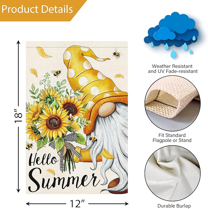 Louise Maelys Welcome Spring Summer Gnome Garden Flag 12x18 Double Sided, Burlap Small Vertical Sunflower Garden Yard Flags for Seasonal Outside Outdoor House Decoration (ONLY FLAG)