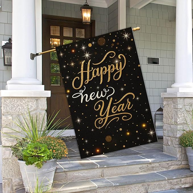 Happy New Year House Flag 28x40 Inch Black and Gold Sparkle Design Garden Flag Outdoor Yard Decoration Elegant Holiday Celebration Banner for Home Porch Lawn