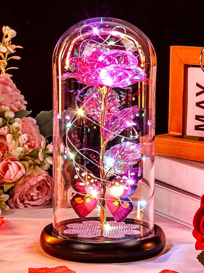 Valentines Day Rose Gifts for Her Women Birthday Gift Galaxy Glass Rose in Glass Dome Forever Eternal Crystal Flowers with Butterfly Valentines Day Gifts for Women Daughter Mom Wife Girlfriend Pink