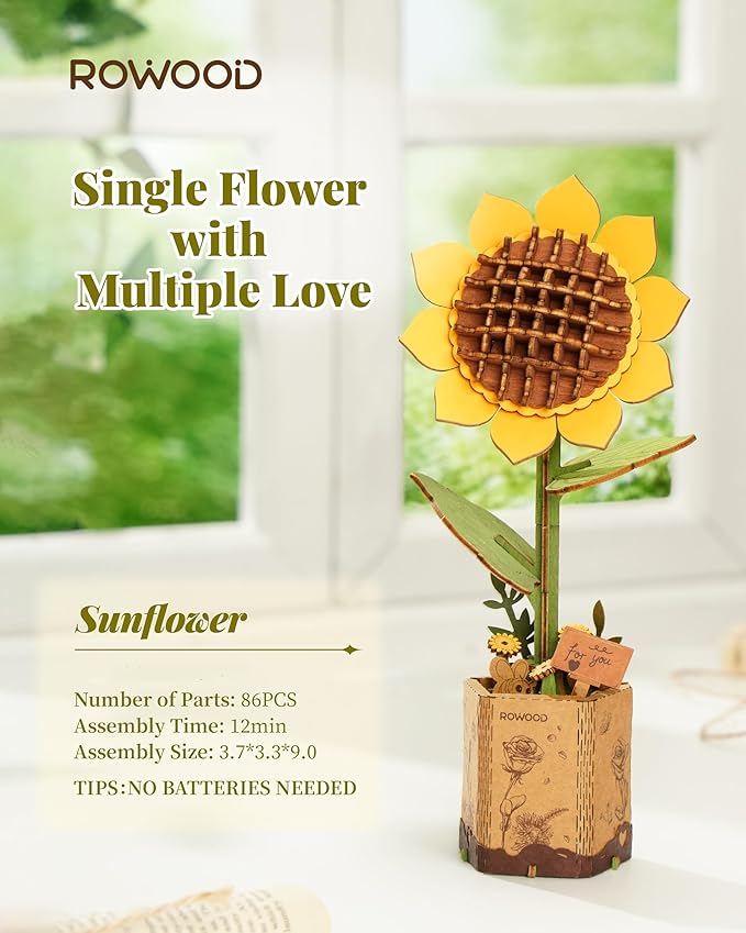 rowood 3D Wooden Puzzles for Adults, DIY Artifical Flower Building Set Craft Kit for Women,Mother's Day/Valentine's Day/Thanksgiving Day/Christmas/Birthday Gift -Sunflower