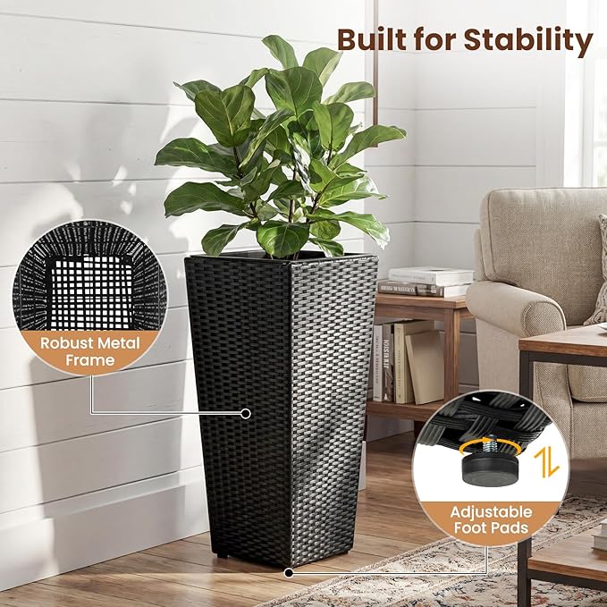 HAPPYGRILL 24" Tall Rattan Plant Pots Set of 2, Outdoor Taper Planter w/Detachable Inner Flower Pots, Metal Frame & Adjustable Foot Pads, Decorative Wicker Planter Boxes for Porch Patio Backyard