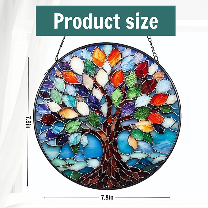 7.8″Tree of Life Stained Glass Window Hanging,Glass Panel Blue Suncatcher for Windows Hanging - Decoration for Home Garden Christmas Party Wedding Housewarming Gifts