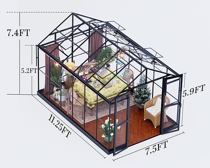 Jocisland 8x12x7.5 FT Greenhouse - Outdoor Aluminum Polycarbonate Greenhouse with Ventilation and Rain Gutter, 4 Swing Doors with Hook, Walk in Greenhouse for Outdoors Backyard Garden, Black