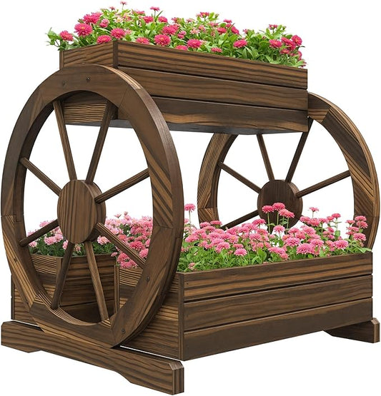 Outsunny 2-Tier Raised Garden Bed, Wooden Wagon Planter Boxes with Drainage Holes, for Vegetables Flowers Herbs, 25" x 21" x 24"