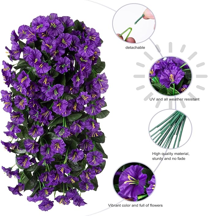 Artificial Faux Hanging Flowers Plants for Outdoor Outside Summer Decoration, 2 PCS Fake Silk Purple Morning Glory Trailing Vines UV Resistant Realistic for Porch Patio Balcony Planter