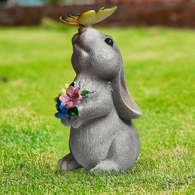 Solar Garden Statue LED Outdoor Garden Decor Funny Animal Sculpture for Yard Patio Lawn Weatherproof Resin Birthday Art Gift（Rabbit and Butterfly）