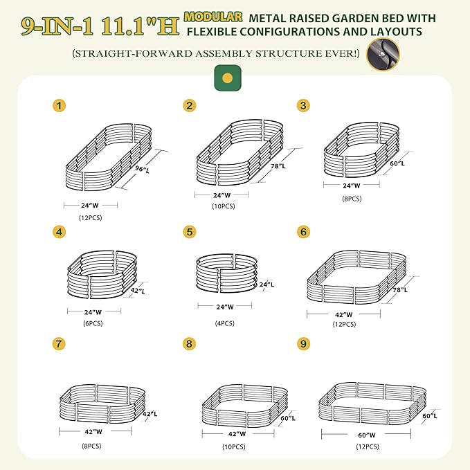 BlueWish Galvanized Raised Garden Bed, 11.1” H Raised Planter Box with Rubber Strip, 9-in-1 Modular, Bottomless Metal Raised Garden Bed for Vegetable, Hub, Flower