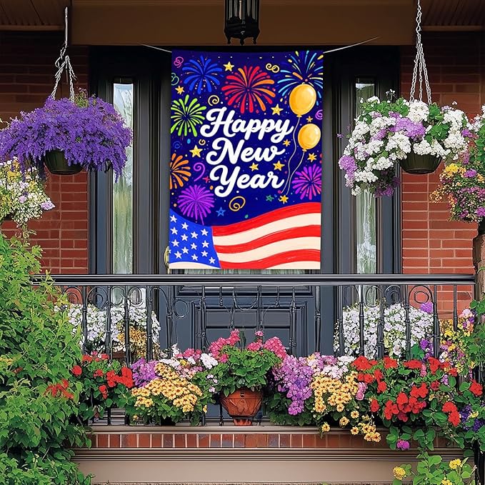 Happy New Year House Flag 28x40 Inch American Flag Fireworks and Balloons Design Garden Flag Patriotic Holiday Outdoor Yard Decoration Celebration Banner for Home Porch Lawn