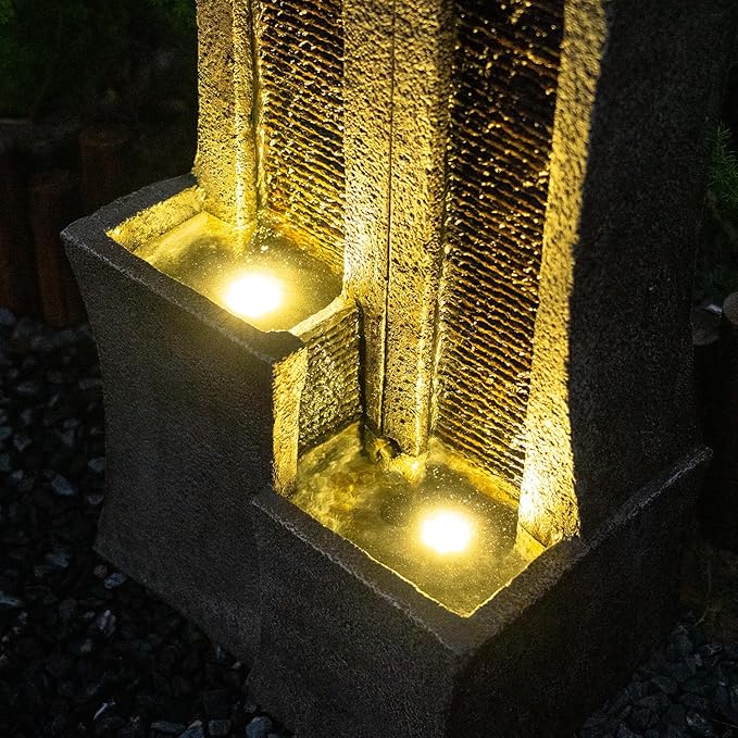 YZM 39.76" H Modern Outdoor Water Fountain with LED Lights Floor-Standing Cascading Waterfall with Dual Curved Columns for Garden Patio Deck Porch or Indoor Decor