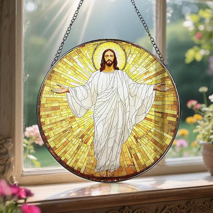 8'' Jesus Christ Stained Glass Suncatcher, Stained Glass Window Hanging, Religious Christmas Ornament, Christian Holiday Decor, Gift for Christmas, Religious Gifts, Christian Gifts