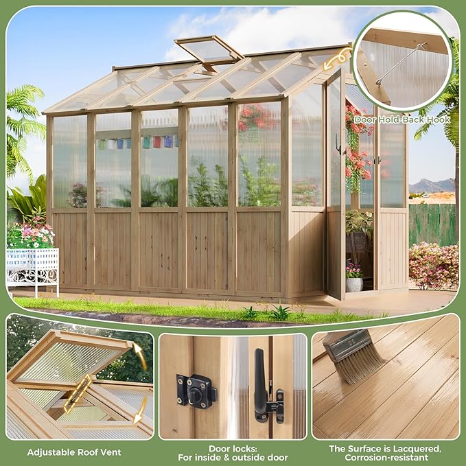 HUSFU 6x8x6.5 FT Wooden Greenhouse, Easy Assembly Thick Solid Cedar Frame Polycarbonate Greenhouse for Outdoors w/ Adjustable Roof, Lockable Door, Walk-in Green House for Outside Backyard Garden