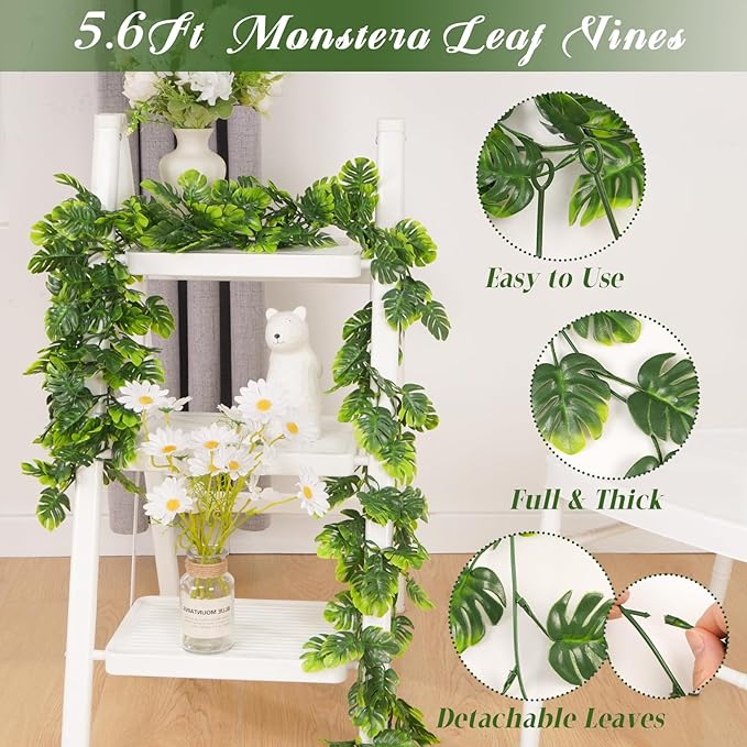 Dolicer 6Pcs Artificial Vines Greenery Garland, 5.6Ft Fake Hanging Greenery Plants Monstera Leaf Vines Tropical Palm Leaves Garland for Home Garden Porch Patio Hawaiian Party Indoor Outdoor Decor