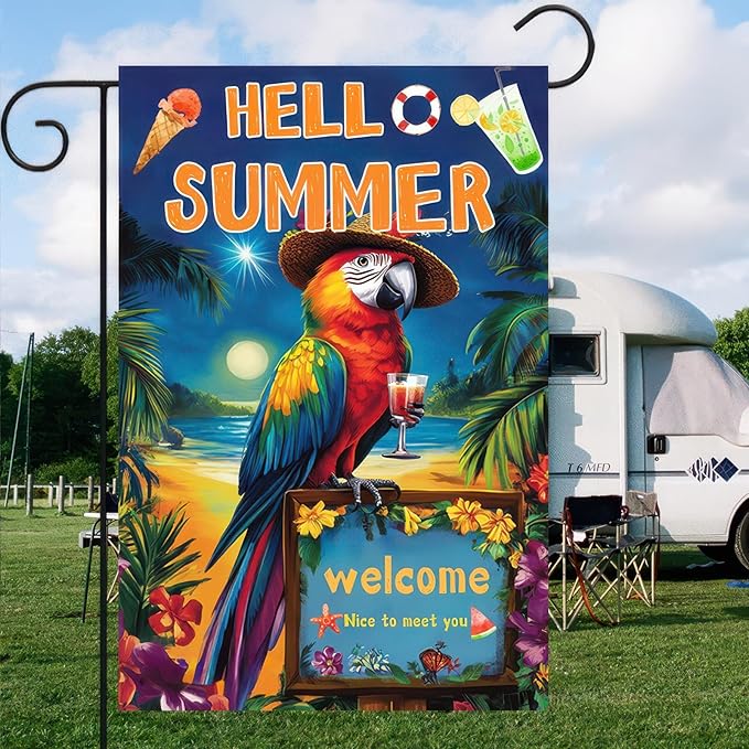 Hello Summer Garden Flag 12x18 inch Double Sided Tropical Parrot Flags Beach Welcome Themed Banner Colorful Summer Outdoor Decor for Yard Patio Garden Holiday Decoration