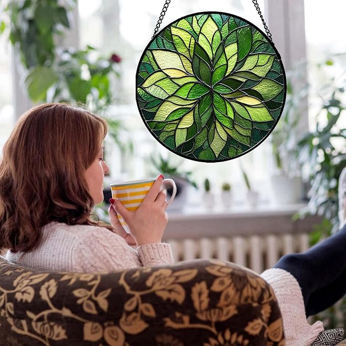 HWRHTR Stained Glass Window Hanging - Green Gradient Flowers Suncatcher for Doors Window Home Plant Sun Catchers Decor Christmas Mother's Day Birthday Gifts for Teacher Women Men Mom Nana 7.8 in
