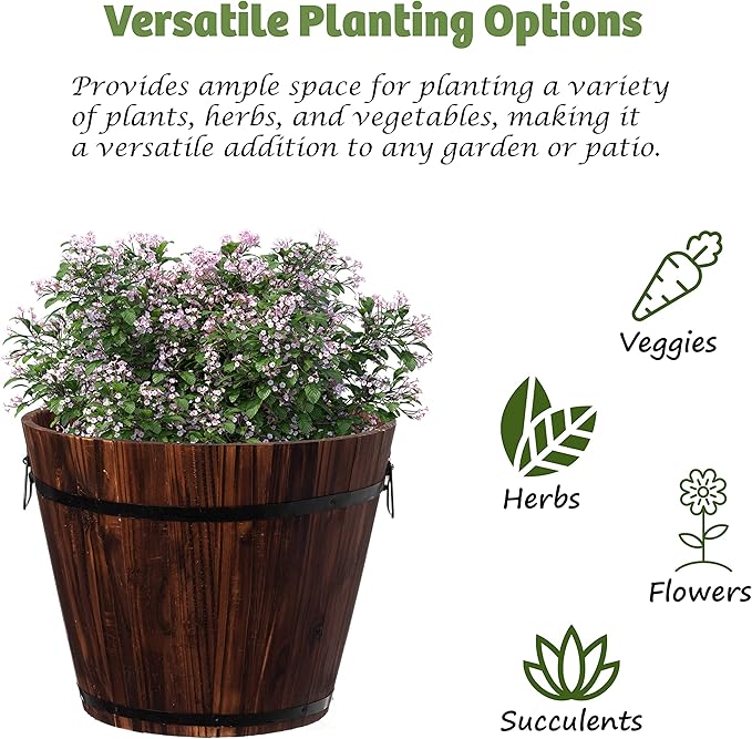 Rustic Wooden Whiskey Barrel Planter with Durable Medal Handles and Drainage Hole - Perfect for Indoor and Outdoor Plants, Herbs, and Vegetables - Large