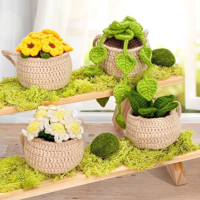 Karsspor Crochet Kit for Beginners - 4 PCS Hanging Potted Plants, Beginner Crochet Kit for Adults, Crochet Starter Kit, Crocheting Knitting Kit with Step-by-Step Video Tutorials(Patent Product)