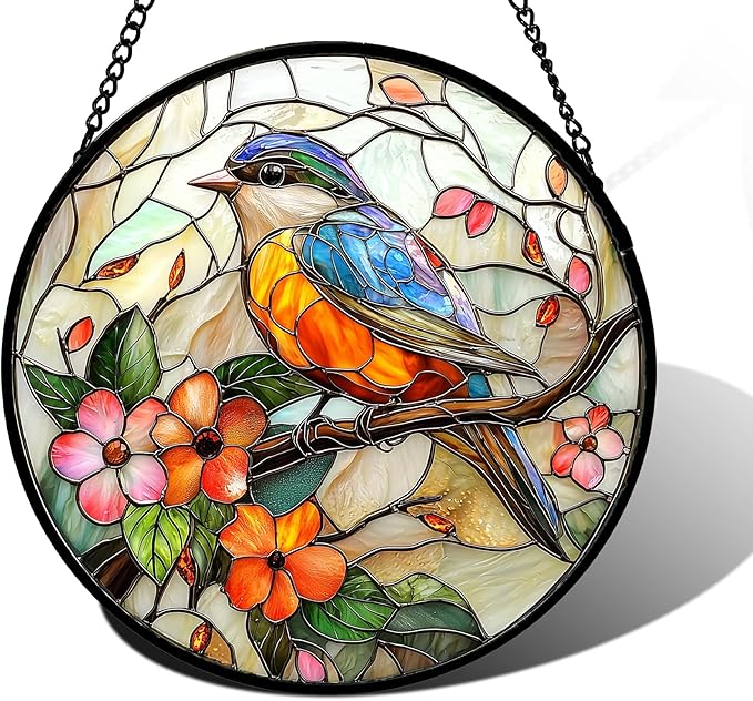 DASTOLL Stained Glass Window Hanging, Blue Bird Pink Flower Suncatcher Diamond Glass Panel Bird Sun Catchers Decor for Birthday for Women, Men, Wife, Aunt, and Mom 7.8 in
