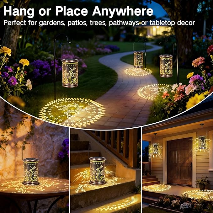 OUTONLIFE Dragonfly Solar Lanterns Outdoor Waterproof, Metal Hanging Solar Lights for Outside Garden, Yard, Patio, Backyard, Porch Decor, Birthday Gifts for Women Mom Grandma