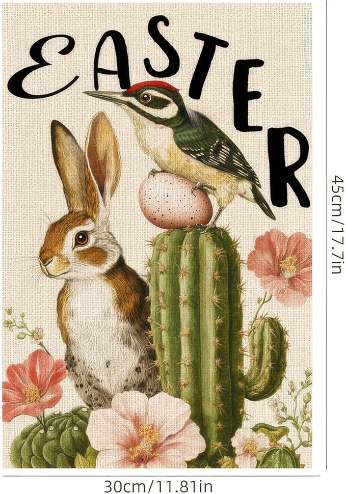 Easter Garden Flag 12x18 Inch Double Sided Spring Bunny Garden Flags Bird Cactus Yard Flag for Spring Easter Decor Porch Farmhouse Outdoor Outside Decortion