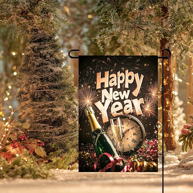 Happy New Year Garden Flag 12x18 Inch Countdown Clock Winter Holiday Yard Decor Seasonal Banner Outdoor Champagne Celebration Lawn Sign Double Sided Polyester For Girls or boys gifts