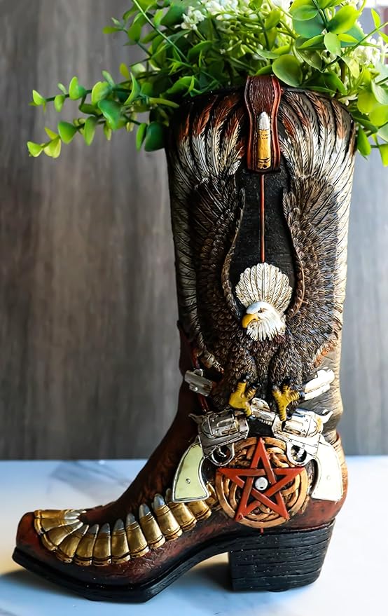 Ebros Gift Rustic Country Western Wild West Bald Eagle with Open Wings Clutching Crossed Revolver Guns and Pentagram Star Faux Tooled Leather Cowboy Boot Decorative Flower Vase Or Planter Figurine