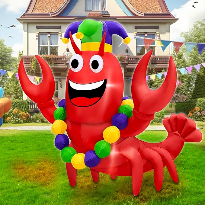 6 Ft Mardi Gras Decorations Inflatable Lobster with Crown Necklace Built-in LED Lights, Blow Up Lobster Outdoor Decor for Mardi Gras Carnival Party Yard Lawn Garden Home Indoor