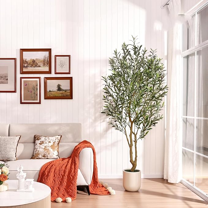VeriNatural Artificial Olive Tree 7FT Tall, Faux Plants Indoor - Fake Plant with Lifelike Leaves,White Planter - Large Fake Olive Trees for Home Living Room Office Bedroom Floor Decor