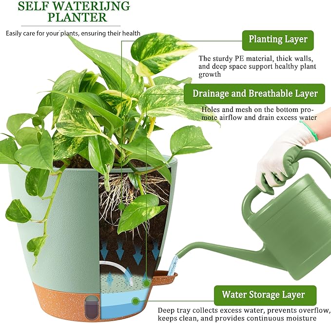 Fielda 2 Pack 8 Inch Pots for Plants Indoor, Plastic Self Watering Planters with Drainage Holes, Water Level Indicator & Deep Reservoir, Decorative Flower Pots Indoor Outdoor Use (Green