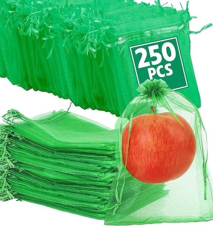 250 Pcs Fruit Protection Bags, 6.5×9 Inches Fruit Bags for Fruit Trees, Green Fruit Netting Bags Cover Bags Drawstring Mesh Fruit Protectors Pest Barrier for Tomato Mango Trees Veggies Garden