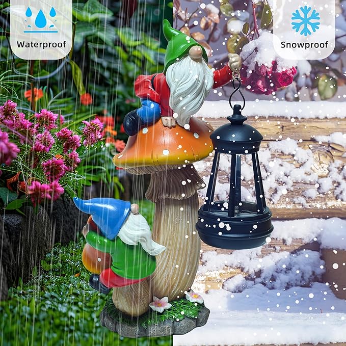 Funny Garden Gnomes Outdoor Climbing on Mushroom with Holding a Solar LED Lantern Resin Mushroom Statue for Patio Yard Lawn Porch Decor