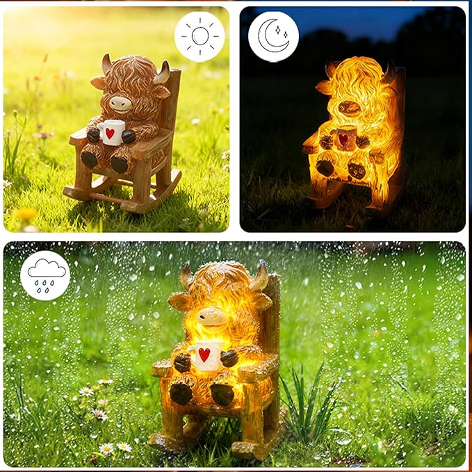Light Up Highland Cow Figurines Garden Decor, Solar Powered Resin Scottish Highland Cow Sitting on Chair Statue, Cute Centerpiece Figurine Decoration for Garden Patio Gifts