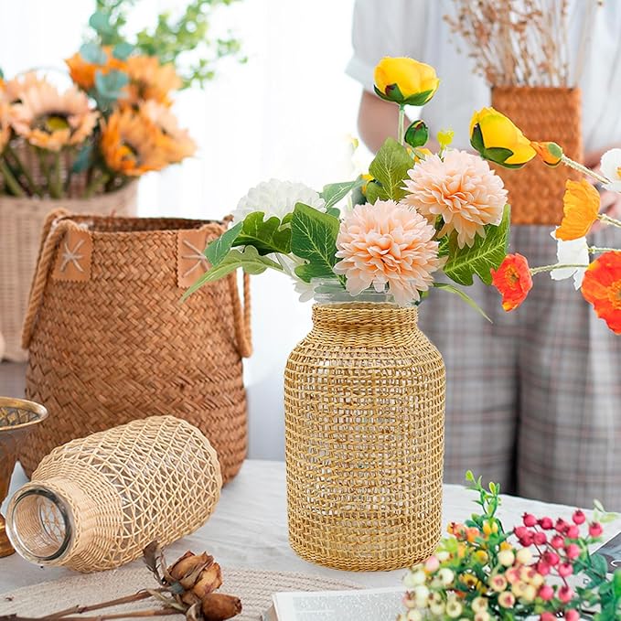 MDEOOSKY Straw Woven Glass Vase 10.25''X3.93''X5.52''Boho Glass Flower Vase Country Rustic Style Vase Glass Vase for Floral Arrangements Bottle Height (B Style 10.25IN)