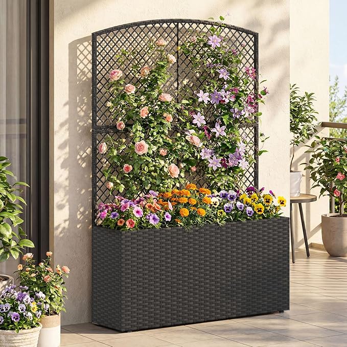 Happygrill Raised Garden Bed with Trellis, 58" Wicker Planter Box with Privacy Screen, Liner, Drainage for Patio Balcony, Outdoor PE Rattan Elevated Garden Bed for Climbing Plant Vine Flower (Black,2)