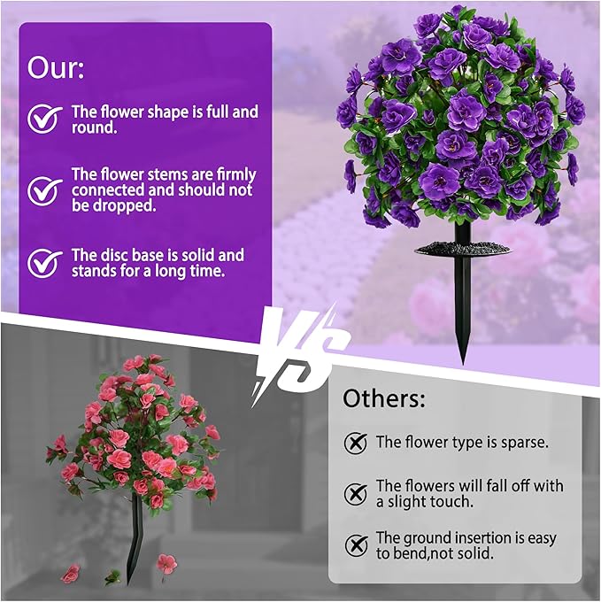 AZXVT Artificial Flowers for Outdoors, Faux Outdoor Plants Fake Plants Topiary Balls Artificial Outdoor Set of 2 with Ground Spike for Home Front Porch Patio Garden Decor (Purple)