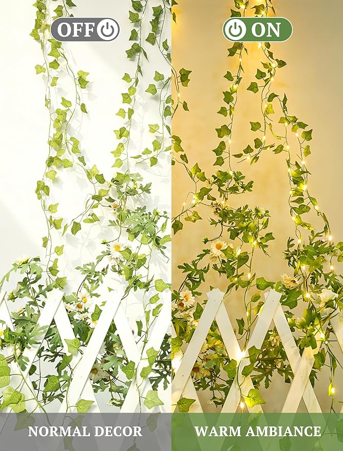 Vines with Fairy Lights,13ft Ivy Garland String lights with Remote,40 LED Fake Leaf lights USB/Battery Operate for Dorm,Bedroom,Wall,Celling,Curtain,Photo, Wedding,Christmas Decor(Warm White)