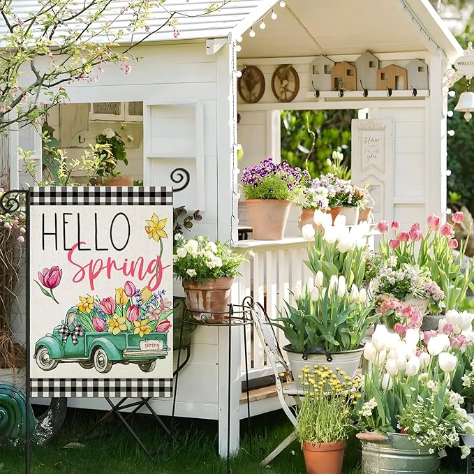 Hello Spring Garden Flags for Outside, Buffalo Plaid Truck with Flowers Yard Decoration, Small Seasonal Summer Outdoor Decor for Farmhouse Holiday,12x18 Inch Double Sided