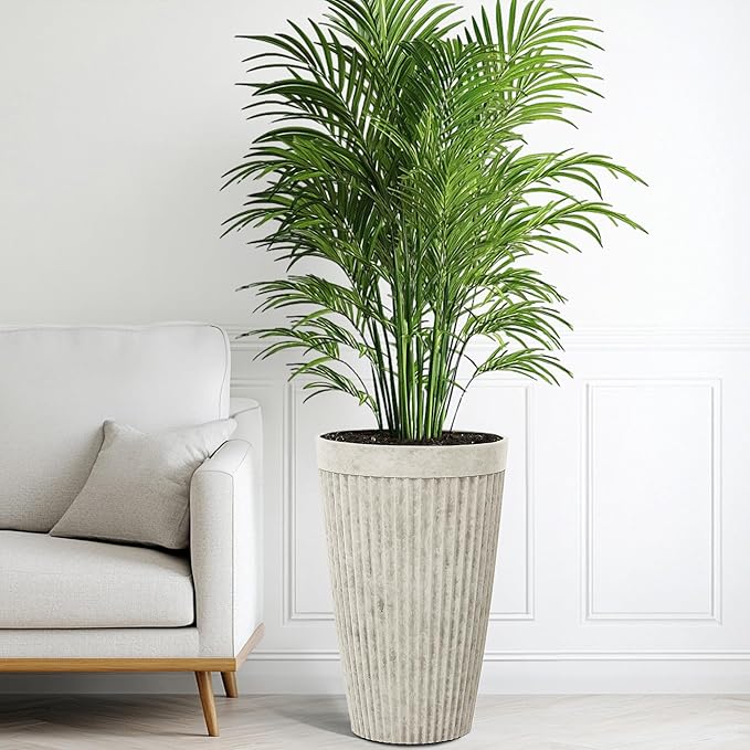 Ultym 20" Resin Tall Planters for Outdoor Plants,Set of 2 Vintage Ivory Large Flower Pots with Handmade Fluted Texture,Heavy-Duty and Weather-Resistant for Porch Christmas Decor,Garden, Patio