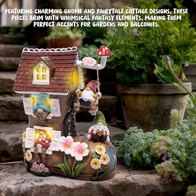 Hodao Spring Solar Gnomes Garden Decor - Whimsical Shoe House with Swinging Gnome, Hand-Painted Floral Base & Mushroom Swing for Porch, Yard, Flower Bed Garden Gifts for Women, Mom (Brown)